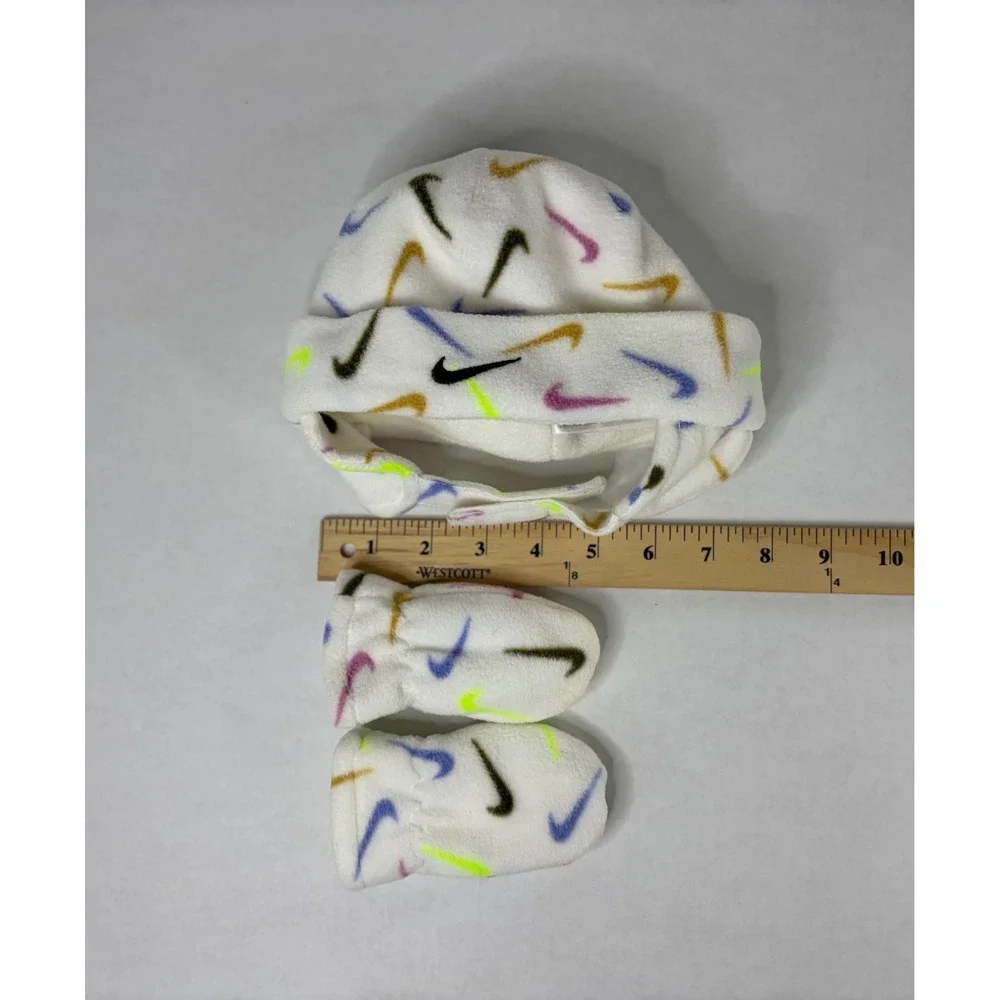Nike Infant Fleece Hat and Mittens Set White Multi-Color Swoosh Print - Picture 3 of 16